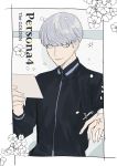  1boy bangs black_shirt btmr_game copyright_name flower holding long_sleeves male_focus narukami_yuu persona persona_4 persona_4_the_golden shirt signature silver_eyes silver_hair simple_background smile solo upper_body white_flower 
