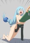  1boy 1girl aqua_(konosuba) bangs barefoot between_legs black_jacket blue_eyes blue_hair blush breasts eyebrows_visible_through_hair green_jacket grey_background hair_between_eyes hair_ornament holding holding_clothes holding_jacket jacket kono_subarashii_sekai_ni_shukufuku_wo! long_hair medium_breasts nude open_mouth salpin simple_background solo_focus tears 