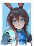  1girl amiya_(arknights) animal_ears arknights artist_name ascot bangs blue_background blue_neckwear border brown_hair bunny_ears bunny_girl clothes_writing commentary english_commentary eyebrows_visible_through_hair hair_between_eyes highres long_hair looking_at_viewer parted_lips portrait sidelocks simple_background solo soyoong_jun white_border 