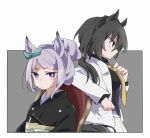  2girls animal_ears beer_hsk black_kimono black_shirt braid chair closed_mouth crown_braid ear_ribbon green_eyes green_ribbon grey_background hair_between_eyes hair_bun horse_ears jacket japanese_clothes kimono kin'iro_ryotei_(umamusume) mejiro_mcqueen_(umamusume) multiple_girls necktie obi on_chair open_clothes open_jacket profile purple_eyes purple_hair ribbon sash shirt short_eyebrows skirt thick_eyebrows two-tone_background umamusume white_background white_jacket white_skirt yellow_necktie 