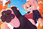  2025 anthro autumn barefoot blonde_hair bottomwear breasts brown_body brown_fur clothing cloud day digital_media_(artwork) domestic_cat extreme_size_difference feet felid feline felis female fur green_eyes group hair hi_res looking_down mammal outside p4wsized paige_(p4wsized) pants pawpads plant red_clothing size_difference smile stuck_to_foot tail topwear tree vest 