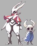 2025 2_horns ambiguous_gender arthropod arthropod_abdomen biped black_eyes blue_cloak blue_clothing caliginous cloak clothed clothing duo empty_eyes featureless_crotch female grey_background half_sister_(lore) hand_on_hip hi_res hollow_knight_(franchise) horn hornet_(hollow_knight) melee_weapon nail_(weapon) red_cloak red_clothing sibling_(lore) simple_background sister_(lore) standing team_cherry the_knight_(hollow_knight) vessel_(species) weapon weapon_on_back wide_hips