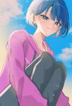  1girl backlighting black_pants blue_eyes blue_hair blue_sky bob_cut closed_mouth cloud commentary drawstring evening hair_behind_ear hatori_naco highres hood hood_down hoodie kiritani_haruka knees_up light_particles long_sleeves looking_at_viewer outdoors pants pink_hoodie project_sekai short_hair single_sidelock sky smile solo squatting symbol-only_commentary track_pants tsurime upper_body 