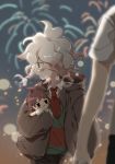  2boys bangs black_pants blurry blurry_foreground blush brown_jacket brown_pants character_doll child commentary_request danganronpa depth_of_field facing_viewer fireworks green_eyes green_sweater highres hinata_hajime hood hooded_jacket jacket komaeda_nagito long_sleeves looking_to_the_side messy_hair midou_(grk12138) multiple_boys necktie open_mouth pants red_neckwear shirt short_necktie short_sleeves solo_focus super_danganronpa_2 sweater white_shirt younger 