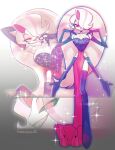  1boy angel_dust black_gloves breasts commentary crossdressing drag_queen dress elbow_gloves english_commentary gloves hazbin_hotel hazuyouyu hellaverse highres large_breasts long_hair looking_at_viewer pink_hair red_dress side_slit smile solo thighs 