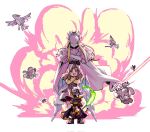  1other 2girls cat cendrillmon commentary covered_eyes crossed_arms digimon digimon_(creature) digimon_liberator digua92537359 evolutionary_line explosion explosion_background full_body hat_feather height_difference highres holding holding_sword holding_weapon kinosaki_arisa multiple_girls nyabootmon stuffed_animal stuffed_toy sword symbol-only_commentary tall_female weapon 