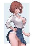  1girl absurdres blue_skirt breasts brown_hair cleavage english_commentary fang highres large_breasts lentiyay lifted_by_self no_bra original panties pantyshot partially_unbuttoned pleated_skirt red_eyes school_uniform skin_fang skirt skirt_lift smirk solo standing underwear white_panties 