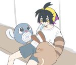  1boy ahoge black_hair blue_shorts blush_stickers brown_fur colored_inner_hair commentary_request crossed_bangs food food_in_mouth hair_between_eyes hairband hand_on_animal hug kieran_(pokemon) male_focus melting_popsicle multicolored_hair pokemon pokemon_(creature) pokemon_sv poliwag popsicle popsicle_in_mouth purple_hair sentret shirt short_hair shorts sitting slumped spiral striped_tail suzuki_555 sweat tadpole_tail tail two-tone_hair yellow_eyes yellow_hairband 