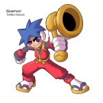  1boy 2000s_(style) android blue_eyes blue_hair bodystocking character_name commentary copyright_name english_commentary facepaint fishnet_bodystocking fishnet_sleeves fishnets full_body ganbare_goemon goemon highres japanese_clothes karakatodzo looking_at_viewer mechanization mega_man_(series) mega_man_zero_(series) nakayama_tooru_(style) outstretched_arm parody robot sandals simple_background smile spiked_hair standing style_parody weapon white_background zouri 