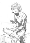  1boy camus_(dq11) cellphone collarbone commentary_request crossed_legs dragon_quest foot_out_of_frame greyscale holding holding_phone leg_up long_sleeves looking_down male_focus mask mondi_hl monochrome mouth_mask pants phone shirt shoes sitting smartphone solo spiked_hair 