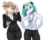  2girls :/ :t adjusting_eyewear alternate_costume artificial_eye artist_name black-framed_eyewear black_jacket black_nails black_pants black_skirt blonde_hair blunt_bangs boku_no_hero_academia breasts brown_pantyhose cellphone clenched_hands closed_mouth colored_sclera colored_skin commentary crossover cyberpunk:_edgerunners cyberpunk_(series) dot_mouth double_bun earrings english_commentary green_hair hair_bun half-closed_eyes hands_on_own_hips highres holding holding_phone id_card jacket jewelry lanyard lapels long_hair long_sleeves looking_at_viewer mechanical_eye messy_hair multiple_girls neck_tattoo notched_lapels office_lady over-rim_eyewear pants pantyhose partially_unbuttoned pencil_skirt phone pink_tattoo rebecca_(cyberpunk) red_pupils red_sclera ring semi-rimless_eyewear shirt shirt_tucked_in sidelocks signature skirt small_breasts smartphone tattoo toga_himiko twintails unusualpie white_shirt white_skin wing_collar yellow_eyes 