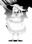  1girl :d bow cloud dress greyscale hair_bow hand_up hat hat_bow highres hota latina_(uchi_no_musume_no_tame_naraba) looking_at_viewer medium_hair monochrome neck_ribbon open_mouth pigeon-toed ribbon sandals skirt_hold smile solo standing sun_hat uchi_no_musume_no_tame_naraba_ore_wa_moshikashitara_maou_mo_taoseru_kamo_shirenai. 