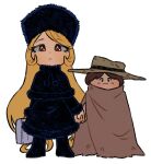  1boy 1girl black_boots black_capelet black_dress black_hat blonde_hair boots briefcase brown_cloak capelet chibi cloak daitoko drawstring dress fur-trimmed_capelet fur-trimmed_dress fur_hat fur_trim ginga_tetsudou_999 hat highres holding holding_briefcase holding_hands hoshino_tetsurou long_hair maetel pom_pom_(clothes) pom_pom_drawstring simple_background very_long_hair white_background wide_brim 