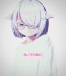  1girl androgynous bright_pupils colored_eyelashes commentary cutout_eyelashes english_text glasses hair_ears hair_ornament hair_over_one_eye hairclip highres hitnex j-core kobaryo looking_at_viewer official_art parallel_hairclips purple_eyes shinonome_interface shirt short_hair simple_background solo upper_body white_background white_eyelashes white_hair white_pupils white_shirt white_theme 