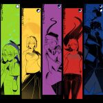  2boys 4girls :d absurdres animal_ear_fluff animal_ears aozaki_aoko arcueid_brunestud arm_behind_back ascot atlas_academy_uniform beret bow braid braided_ponytail breasts capelet cat_boy cat_ears chibi chibi_inset cigarette commentary curtained_hair denim dress english_commentary fingerless_gloves floating_clothes floating_hair gloves hair_between_eyes hair_intakes hand_on_own_hip hat highres holding holding_cigarette jeans kishima_kouma long_hair looking_at_viewer looking_to_the_side melty_blood monochrome multiple_boys multiple_girls muscular muscular_male neco-arc_chaos pants pantyhose pointy_ears ponytail shirt short_hair sion_eltnam_(type-moon) sion_eltnam_atlasia skirt sleeveless sleeveless_shirt smile smoking spindrift sweater tsukihime turtleneck turtleneck_sweater wavy_hair white_len_(tsukihime) 