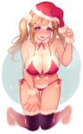  1girl bang_dream! bangs bikini blonde_hair blush breasts brown_eyes choker christmas cleavage eyebrows_visible_through_hair front-tie_bikini front-tie_top full_body fur-trimmed_bikini fur-trimmed_legwear fur-trimmed_panties fur_trim hair_ornament hand_on_own_thigh hat ichigaya_arisa kneeling large_breasts leaning_forward long_hair looking_at_viewer navel neck_ribbon open_mouth pom_pom_(clothes) red_bikini ribbon santa_bikini santa_hat side-tie_bikini sidelocks solo starme stomach swept_bangs swimsuit symbol_commentary twintails wristband x_hair_ornament 