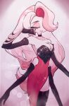  1boy angel_dust black_gloves breasts commentary crossdressing drag_queen dress elbow_gloves english_commentary gloves hazbin_hotel hellaverse highres large_breasts long_hair pink_hair red_dress side_slit smile solo thighs zzhenpotatochips 