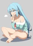  1girl alternate_hairstyle aqua_(konosuba) arm_under_breasts bangs bare_shoulders barefoot blue_eyes blue_hair blush bottomless breasts cleavage collarbone convenient_leg eyebrows_visible_through_hair feet foreshortening grey_background groin hair_between_eyes hair_ornament hand_on_own_chin hand_up indian_style kono_subarashii_sekai_ni_shukufuku_wo! large_breasts long_hair long_sleeves looking_away low-tied_long_hair off-shoulder_shirt off_shoulder open_mouth pajamas raised_eyebrows salpin shirt sidelocks simple_background sitting smile smug soles solo thighs toes very_long_hair 