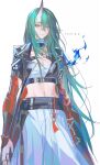  1girl absurdres alternate_hairstyle arknights bandaged_chest black_coat blue_fire breasts chest_sarashi chinese_commentary closed_mouth coat commentary_request cowboy_shot dated fire green_hair hair_between_eyes hair_down hakama hakama_pants highres horns hoshiguma_(arknights) hoshiguma_the_breacher_(arknights) japanese_clothes long_hair looking_at_viewer navel open_clothes open_coat pants sarashi simple_background single_horn skin-covered_horns smile solo standing very_long_hair white_background white_hakama wushui_zhan_nao_geng yellow_eyes 
