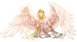  1boy bishounen blonde_hair circlet closed_mouth commentary feathered_wings fire_emblem fire_emblem:_radiant_dawn green_eyes highres lips long_hair male_focus memoli reyson_(fire_emblem) simple_background solo very_long_hair white_background wings 