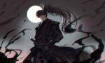  1boy absurdres bad_link black_eyes black_hair black_robe chromatic_aberration cowboy_shot curtained_hair from_below high_ponytail highres holding holding_sheath logicsterrr long_hair looking_at_viewer male_focus moon_behind_head ponytail robe scabbard serious shadow_slave sheath shoulder_pads smoke solo sunny_(shadow_slave) waistband 