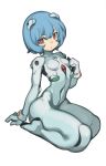  1girl absurdres ayanami_rei blue_hair bodysuit breasts commentary_request covered_navel full_body highres interface_headset lentiyay looking_at_viewer neon_genesis_evangelion plugsuit red_eyes seiza short_hair shoulder_pads sitting small_breasts solo white_background white_bodysuit 