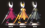  armor armored_dress arthropod_girl black_background chest_jewel cloak commentary crown dress english_commentary flower gem highres holding holding_needle holding_polearm holding_sword holding_weapon hollow_knight hollow_knight:_silksong hornet_(hollow_knight) horns knight mega_man_(series) mega_man_zero_(series) mega_man_zx needle polearm red_cloak shoulder_armor simple_background spear spider_lily string sword ultimatemaverickx weapon yellow_cloak 