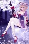  1girl absurdres breasts bug butterfly cherry_blossoms choker cleavage closed_mouth commentary_request corset crossed_legs dress elbow_gloves folded_fan folding_fan frills full_body gap_(touhou) gloves hair_ribbon hand_fan hat high_heels highres holding holding_fan large_breasts legs long_hair looking_at_viewer minamo_kyoka mob_cap purple_dress purple_eyes red_shoes ribbon ribbon_choker shoes short_sleeves sitting smile solo thighhighs thighs touhou white_gloves white_petals white_thighhighs yakumo_yukari 