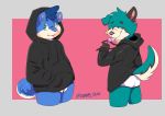  absurd_res anthro black_clothing black_hoodie black_topwear briefs bulge candy canid canine canis chubby_blue clothing dessert domestic_dog drawyourfursona duo food hi_res hoodie hoodie/briefs_meme licking lollipop male mammal meme meme_clothing simple_background standing tongue tongue_out topwear underwear white_clothing white_underwear 
