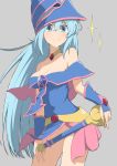  &gt;:) 1girl aqua_(konosuba) bare_shoulders blue_eyes blue_hair bottomless breasts choker cleavage collarbone commentary_request dark_magician_girl duel_monster hat kono_subarashii_sekai_ni_shukufuku_wo! large_breasts long_hair looking_at_viewer medium_breasts salpin simple_background smile solo sparkle staff v-shaped_eyebrows 