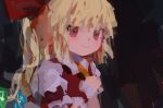  1girl black_background blonde_hair bow closed_mouth collared_shirt frilled_sleeves frills from_side highres long_hair looking_at_viewer looking_to_the_side no_lineart orange_neckwear puffy_short_sleeves puffy_sleeves red_bow red_eyes reddizen remilia_scarlet shirt short_sleeves side_ponytail smile solo touhou upper_body 