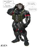 2025 absurd_res anthro black_latex brown_hair bulge clothing cxcxxcxxxx dialogue english_text facial_scar felid fur grey_body grey_fur hair hi_res latex latex_clothing male mammal multicolored_clothing muscular muscular_anthro muscular_male pantherine red_sclera scar solo speech_bubble tactical_gear tail text thick_thighs tiger