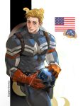  1boy american_flag animal_ears animal_nose belt black_border blonde_hair blue_bodysuit blue_eyes bodysuit border brown_belt captain_america captain_america_(series) character_name closed_mouth commentary covered_collarbone cowboy_shot dog_ears dog_tail english_commentary gloves helmet highres holding holding_unworn_helmet kemonomimi_mode lips looking_at_viewer male_focus marvel muscular muscular_male notice_lines pectorals pocket red_gloves sample_watermark shadow shield shield_on_back short_hair simple_background smile solo standing star_(symbol) star_print steve_rogers superhero_costume tail unworn_headwear unworn_helmet watermark white_background yiqianbixin 