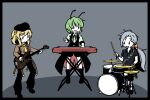  3girls adapted_costume ahoge antennae arthropod_girl ascot band_(music) black_boots black_border black_cape black_eyes black_hat black_pants black_ribbon black_shirt black_shoes black_shorts black_trim black_vest blonde_hair boots border bow bracelet brown_shirt brown_straps cape caterpillar_girl chain closed_mouth collarbone commentary_request cymbals dot_nose drum drum_set drumsticks electric_guitar fang gold_bracelet gold_chain gold_wrist_cuffs green_hair grey_background grey_hair guitar hair_bow hat himemushi_momoyo holding holding_drumsticks instrument jewelry knee_boots kujiraya kurodani_yamame leg_ribbon long_hair looking_at_another looking_down medium_hair multiple_girls music neck_ribbon open_mouth orange_bow pants piano playing_drum playing_guitar playing_instrument playing_piano ponytail puffy_short_sleeves puffy_sleeves red_cape ribbon shirt shoes short_hair short_sleeves shorts simple_background single_wrist_cuff sitting skin_fang smile spider_girl split_mouth stool swept_bangs teeth touhou two-sided_cape two-sided_fabric upper_teeth_only v-neck vest white_shirt wriggle_nightbug wrist_cuffs yellow_ascot 