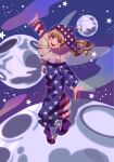  1girl adapted_costume american_flag american_flag_print artist_name beads blonde_hair blue_eyes blue_sky blunt_bangs blush_stickers clownpiece commentary_request fairy_wings flag_print floating_hair full_body hands_up hat heterochromia highres jester_cap konoha217 long_hair long_sleeves looking_at_viewer moon neck_ruff open_mouth outdoors pointy_ears polka_dot_headwear pom_pom_(clothes) puffy_long_sleeves puffy_sleeves purple_hat purple_shoes red_eyes romper shadow shoes sky smile solo space standing star_(sky) star_(symbol) star_in_eye star_print starry_sky symbol_in_eye teeth touhou transparent_wings wings 