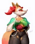  4_fingers anthro big_breasts bra braixen breasts canid canine chain clothed clothing colored_nails digital_media_(artwork) female fingers frown fur hi_res inner_ear_fluff legwear mammal nails nintendo nipples pok&eacute;mon pok&eacute;mon_(species) red_eyes simple_background solo tight_clothing translucent translucent_clothing tuft underwear venjiiart video_games yellow_body 