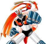  1boy 1girl boots canopy_(aircraft) cape clenched_hand commentary_request creator_connection crossover feathers gloves green_eyes hat_feather helmet holding holding_nunchaku holding_weapon kabuto_kouji kekkou_kamen kekkou_kamen_(character) looking_at_viewer looking_back mask mazinger_(series) mazinger_z mazinger_z_(mecha) mecha nunchaku official_art okano_takeshi red_boots red_cape red_gloves red_mask robot standing super_robot weapon 