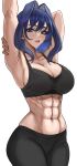  1girl abs absurdres alternate_costume arm_behind_head arm_up armpits black_bra black_leggings blue_eyes blue_hair bra breasts cleavage colored_inner_hair commentary hair_flaps hair_intakes hashtag-only_commentary highres hololive hololive_english large_breasts leggings looking_at_viewer midriff multicolored_hair navel ouro_kronii sacrokies short_hair simple_background solo sports_bra underwear virtual_youtuber white_background 