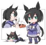  1girl animal animal_ears animal_on_head beer_hsk black_hair bow braid brown_shoes carrot cat closed_mouth commentary_request crown_braid eating food fork green_eyes hair_between_eyes hand_on_own_hip holding holding_fork holding_knife horse_ears horse_girl horse_tail kin'iro_ryotei_(umamusume) knife long_sleeves low_ponytail lying multiple_views on_head on_stomach plate pleated_skirt ponytail profile puffy_long_sleeves puffy_sleeves purple_shirt purple_skirt purple_thighhighs school_uniform shirt shoes skirt standing steak tail thighhighs tracen_school_uniform umamusume white_background white_bow 