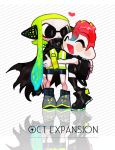  1boy 1girl backpack bag bangs black_cape black_legwear btmr_game cape closed_eyes copyright_name domino_mask green_hair headphones heart hug inkling jacket long_sleeves mask octoling open_mouth pointy_ears red_hair signature simple_background smile splatoon_(series) splatoon_2 splatoon_2:_octo_expansion standing striped striped_background tentacle_hair thighhighs 