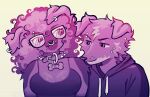 absurd_res afro anthro anti-eyebrow_piercing bust_portrait canid canine canis clothing collar collar_tag curly_hair domestic_dog duo ear_piercing eyebrow_piercing eyewear facial_piercing female floppy_ears glasses gradient hair hi_res hoodie lip_piercing looking_at_another male mammal markings mole_(marking) multiple_piercings nose_piercing piercing portrait septum_piercing shirt snaggle_tooth spiked_collar spikes tank_top topwear wearing_glasses werehouse