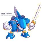  2000s_(style) armor blue_armor character_name clenched_hands copyright_name fins full_body head_fins highres holding holding_weapon humanoid_robot karakatodzo kirby's_return_to_dream_land kirby_(series) legs_apart looking_at_viewer mega_man_(series) mega_man_zero_(series) metal_general nakayama_tooru_(style) parody red_eyes robot shark_fin shock_baton standing style_parody weapon 