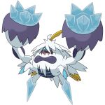  ahoge blank_eyes blonde_hair blue_trim body_fur cardnlh colored_skin crab crabominable highres ice long_hair mega_crabominable mega_pokemon multicolored_hair no_humans official_style open_mouth pokemon pokemon_(creature) pokemon_focus purple_fur purple_skin sugimori_ken_(style) teeth two-tone_hair white_fur white_hair yeti_(creature) 