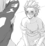  2boys bare_shoulders blush camus_(dq11) collarbone commentary dragon_quest earrings hero_(dq11) jewelry looking_at_another male_focus mondi_hl monochrome multiple_boys off_shoulder short_hair simple_background sitting solo_focus spiked_hair undressing wavy_mouth yaoi 