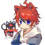  1boy :< ahoge animal_ear_fluff animal_ears black_hair blue_eyes blue_jacket cat cat_ears closed_mouth drawstring grey_jacket hair_between_eyes hood hood_down hoodie jacket jacket_over_hoodie kemonomimi_mode litten male_focus multicolored_hair multicolored_jacket open_clothes open_jacket pokemon pokemon_(creature) red_hair saridinism short_hair simple_background streaked_hair sumino_takumi the_hundred_line_-last_defense_academy- translation_request tsurime two-tone_hair two-tone_jacket white_background white_hoodie 