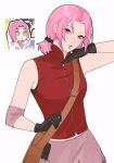  1girl arm_up bag beads black_gloves brown_bag chromatic_aberration closed_mouth commentary cowboy_shot elbow_sleeve english_commentary eyelashes gloves green_eyes hair_beads hair_ornament hand_to_head haruno_sakura highres lipgloss looking_at_viewer low_twintails mandarin_collar midriff_peek naruto_(series) official_alternate_hairstyle official_art_inset parted_bangs pink_hair pink_skirt puckered_lips red_shirt shirt short_twintails shoulder_bag skirt sleeveless sleeveless_shirt tenartistt twintails white_background zipper 