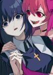  2girls :d blue_eyes blue_hair bow choker ciel_(tsukihime) cross cross_necklace dead_apostle_noel_(tsukihime) empty_eyes fangs hair_between_eyes hand_on_another's_shoulder highres holding_hands interlocked_fingers jewelry licking_lips multiple_girls necklace noel_(tsukihime) nun pink_bow pink_hair red_eyes smile surprised tierra_misu tongue tongue_out tsukihime tsukihime_(remake) tunic upper_body vampire wing_collar 