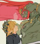  2boys beard blank_eyes blonde_hair blush chinese_commentary colored_skin commentary_request facial_hair ganondorf green_skin grin hand_on_another's_head height_difference link long_hair male_focus multiple_boys muscular muscular_male nipples pointy_ears red_hair simple_background smile the_legend_of_zelda tsunamio7 yaoi 