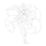  1girl absurdres animal_ears bare_legs bare_shoulders blonde_hair blush_stickers bow commentary detached_sleeves dot_nose feet flipped_hair fox_ears fox_tail full_body hair_flaps hand_on_own_chin hand_on_own_tail hand_up head_tilt heart highres japanese_clothes kemonomimi_mode kimono knee_up lineart long_hair monogatari_(series) multiple_tails nontraditional_miko okobo oshino_shinobu platform_sandals pleated_skirt pointy_ears ribbon-trimmed_sleeves ribbon_trim ringed_eyes ripples sandals shishirui_san simple_background skirt sleeveless sleeveless_kimono smile solo standing standing_on_one_leg symbol-only_commentary tail toes very_long_hair waist_bow white_background wide_sleeves 