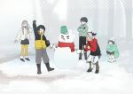  2girls 3boys aegiomon alternate_costume building_snowman coat digimon digimon_(creature) digimon_story:_time_stranger misono_inori misono_yuuta multiple_boys multiple_girls satyr snow snowing snowman winter winter_clothes winter_coat yuu_(pixiv3042074) yuuki_dan yuuki_kanan 